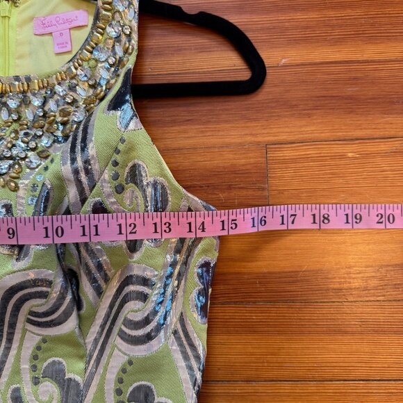 Lilly Pulitzer Chartreuse Fancy Occassion Mini Dress w/Beads and Sparkly Thread - Picture 4 of 12